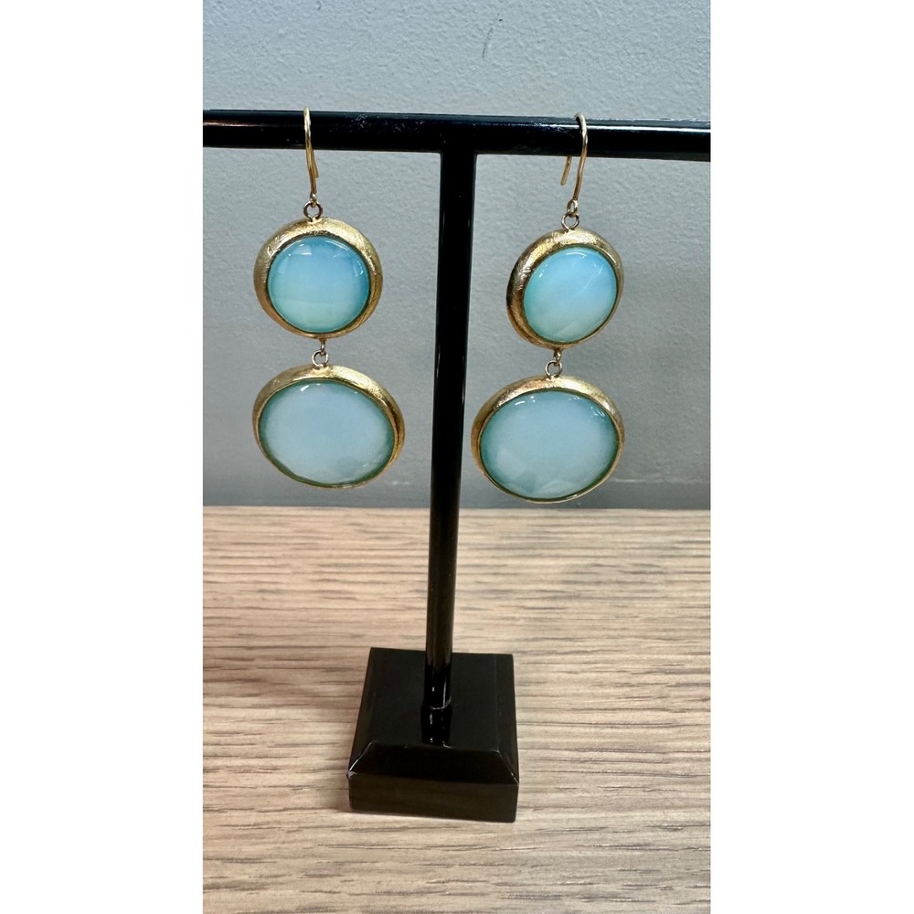Aqua Blue Glass Cabochon Double Drop Earrings Gold Tone Dangle